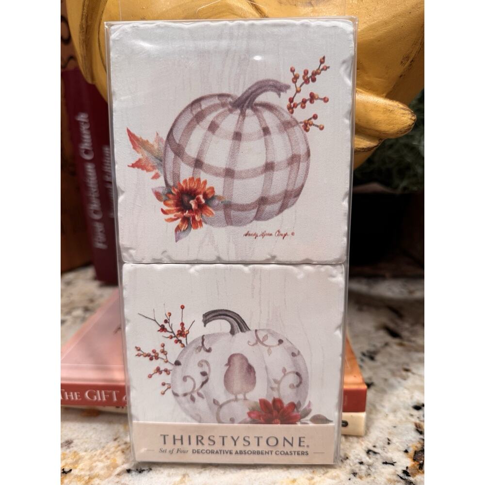 Thirstystone Set Of 4 Coasters Chinoiserie Pumpkin Tumbled Tile 4”x4” Cork Back